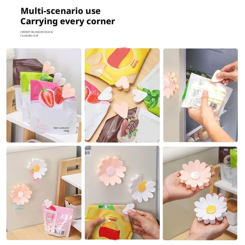 Aesthetic Cherry Blossom Fridge Magnetic Chip Clips| 6 Bag Clips + 1 Magnetic Base| Cute Food Sealing Clips for Snack Bread Pet Food Storage| Fridge Organizer Kitchen Decor Gift