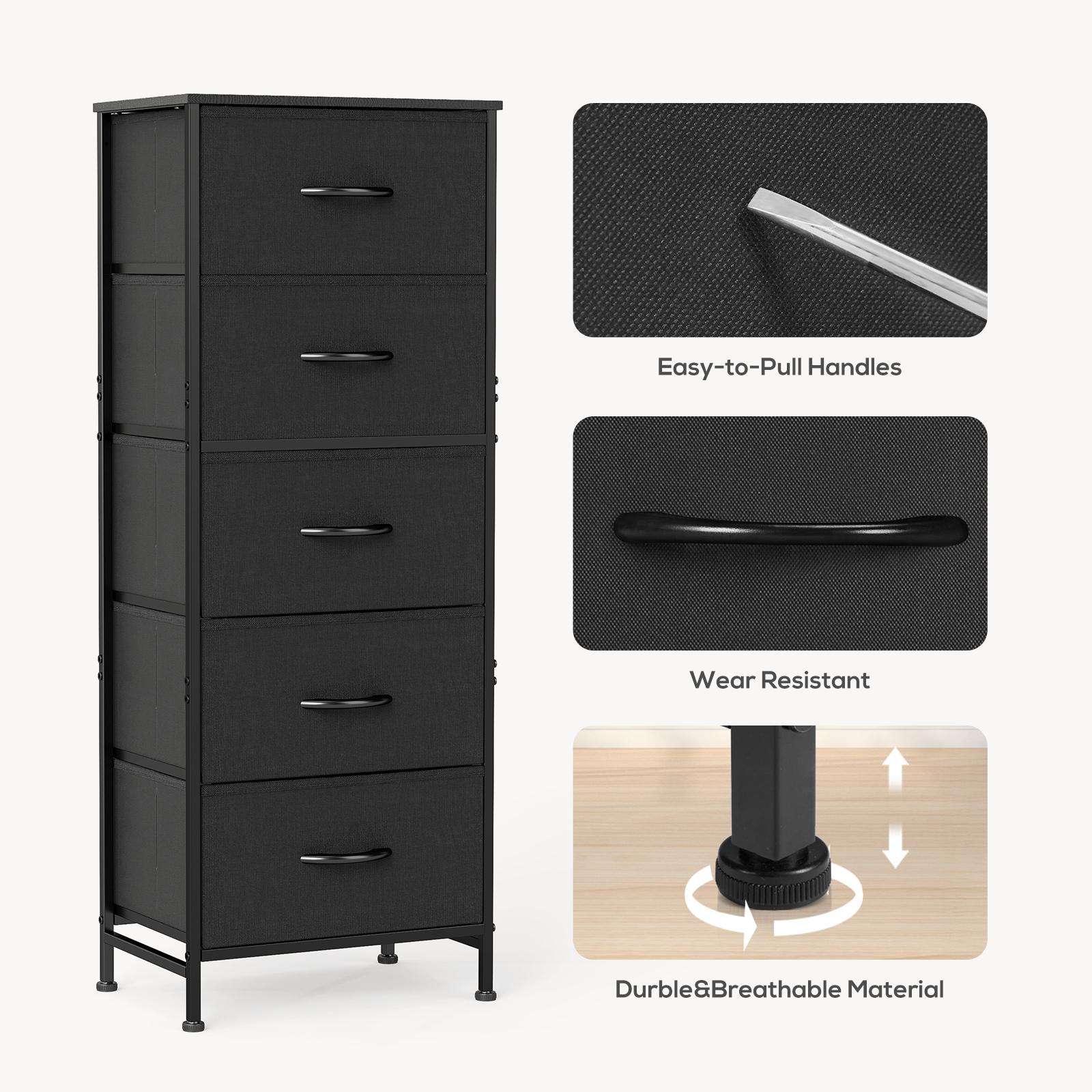 Nightstand with 5 Drawers, Bedside Table with Removable Fabric Bins, Sturdy Steel Frame Wood Top Skinny Dresser   cabinet  for Bedroom Closet Living Room, Black