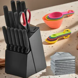 14-Piece Kitchen Knife Set with Diamond Pattern, Built-in Sharpener & Wooden Block – Dishwasher Safe Chef Knives + Bonus Measuring Spoons & 10 Cleaning Cloths – Full Kitchen Set Stainless Steel Utensils Pastel