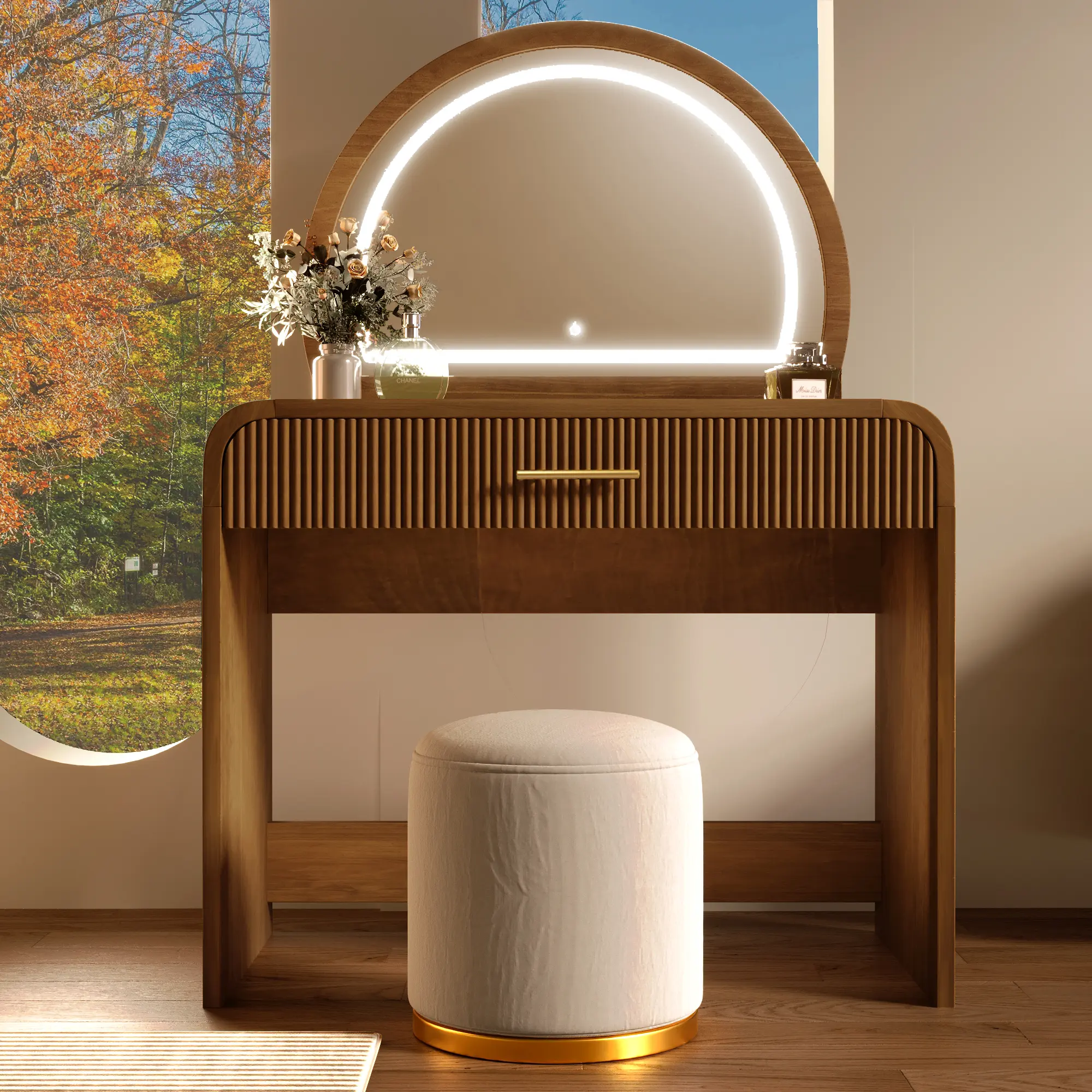 39-in Adjustable Wood+Glass Vanity Table - Espresso + MDF + Rubber Wood + Tempered Glass Makeup Vanity with Touch Screen LED Lights Mirror, Compact Drawer, Dual Functionality Indoor Furniture for Small Spaces, Assembly Required, Ideal Mother's Day Gift