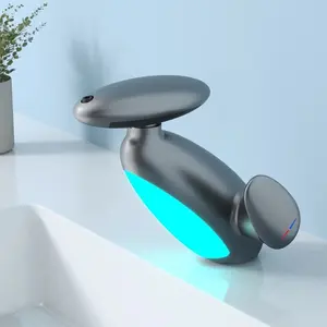 Bathroom Basin Faucet, Deck-Mounted LED Light Pull-Out Sink Mixer with 3-Color Changing Rotatable Upper Spray (Penguin Design)