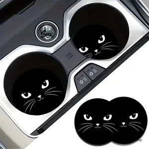 2Pcs Black Cat Car Coasters Absorbent Cup Holder Mat Cute Kitten Automobile Beverage Pad Witchy Vehicle Interior Accessories Gift for Women Cat Lovers,summerwins