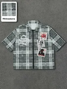 Men's Gothic Print Sequins Plaid Casual Button Shirt, Fashion Street Style, Trendy and Unique Design, Perfect for Outdoor Activities