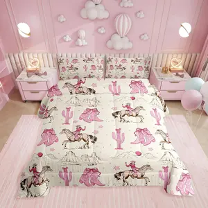Retro Western Horse Bedding Set for Girls,Pink Cowgirl Boots and Bows Comforter Set,Rustic Country Cowboy Cactus Bed Set