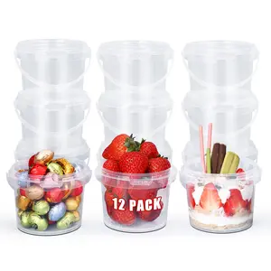 16 oz Airtight Clear Plastic Bucket with Lid, Reusable Ice Cream Tub with Handle, Food Grade Freezer and Microwave Safe Food Storage Containers for Sauce, Soup