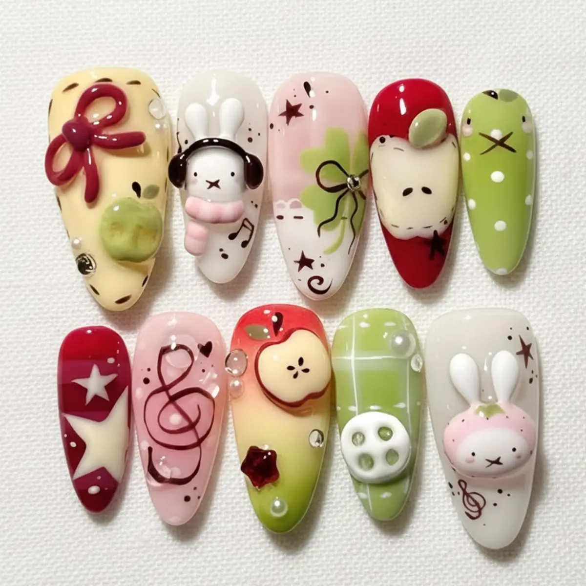 Handmade Miffy Bunny Press On Nails, Kawaii 3D Apple Nails, Red Plaid Almond Fake Nails, Cute Reusable Nail Set | Free Adhesive Tabs Nail File Cuticle Stick