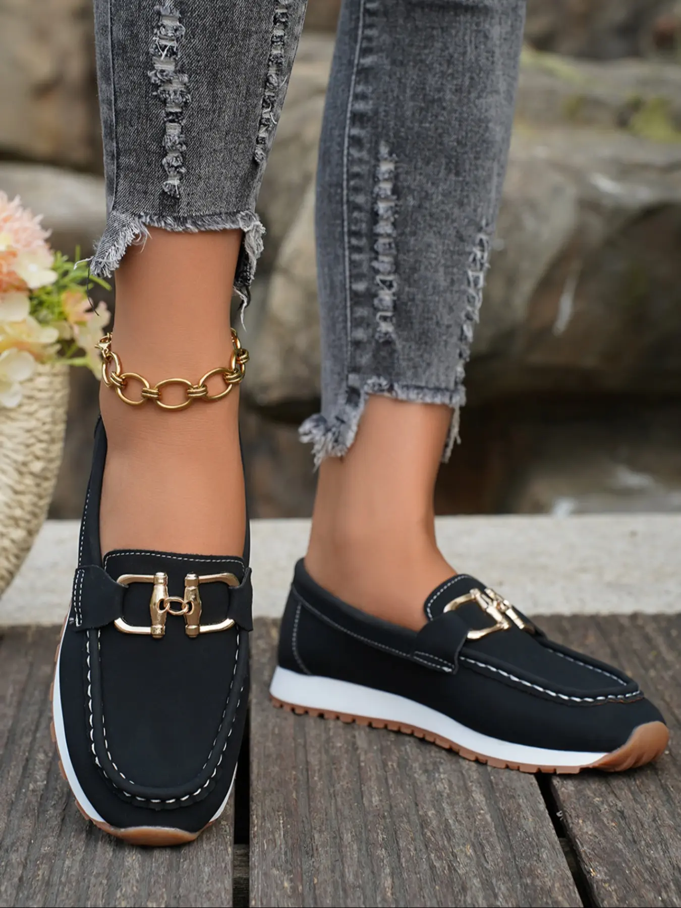 Women's Fashion Buckle Decorative Flats, PU Leather Low Top Loafers, Elegant Lightweight Comfortable Walking Shoes, Office Shoes for Work, School, Casual Wear, Footwear