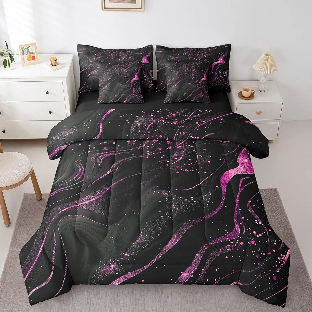 Marble Texture 7 Piece Comforter Set,Set,Black Pink Bedding Set for Girls Women Kids Shiny Glitter Modern Aesthetic Stone Bed in A Bag