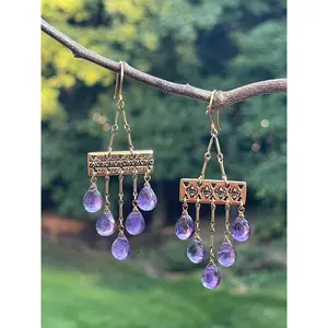 Amethyst Drop Earrings - Elegant Chain Design with Sparkling Gemstones, Adjustable Chain, and Adjustable Closure