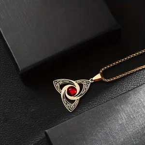 2pcs/set Irish Celtic Trinity Knot Set Red Zirconia Pendant Stainless Steel Witch Knot Necklace for Men and Women Fashion Jewelry Gift