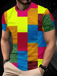 Men's Colorblock Graphic Short Sleeve T-Shirt, Casual Fashion Round Neck Top, Loose-Fitting Multi-Color Design, Trendy Men's Clothing