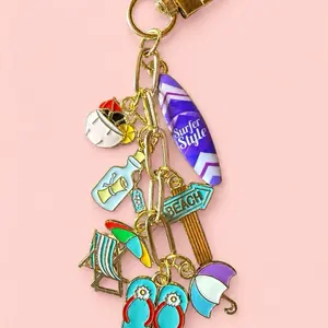 Summer Beach Vibes Kindle Charm Chain | Cute E-Reader Accessory | Gold Charm Strap | Surfboard Flip Flops Beach Umbrella Beach Chair