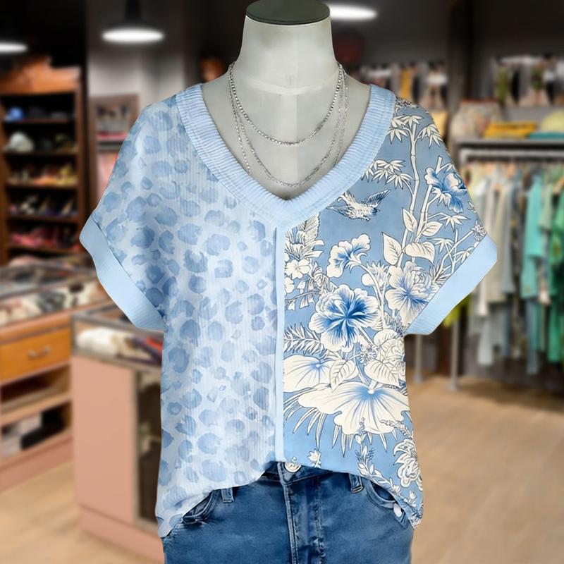 Cherrybetty Vintage Leopard Floral Print V-Neck Ribbed T-Shirt Spring Fashion Tiktok Shop Spring Glow Up Sweety Essential Comfort Elegant Outfits For Women