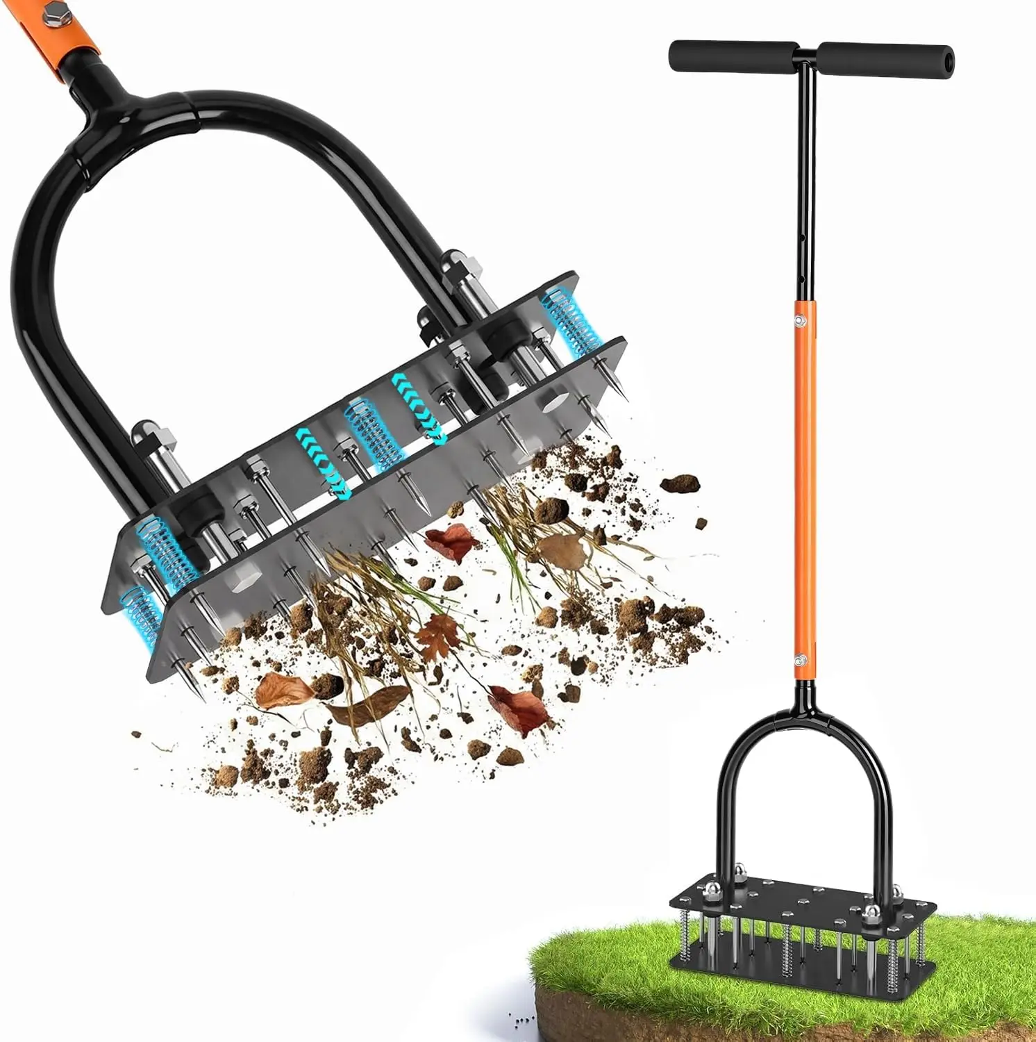 GAINO Lawn Aerator Tool, 15-Spike Aerator, Self-Cleaning, Black & Orange | 15 iron spikes, dual-layer self-cleaning springs, 32–35 in adjustable height, for spot aeration on moist lawns
