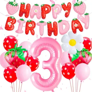 Berry-Themed 3rd Birthday Set with Pink Number 3 Balloon, Strawberry Foil Balloons, Banner