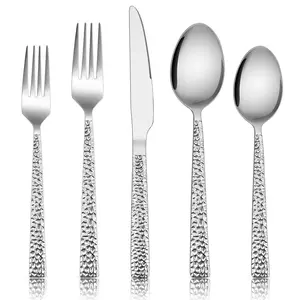 Hammered Silverware Set, 40-Piece Stainless Steel Square Flatware Set for 8, Metal Tableware Cutlery Set Includes Dinner Knives/Forks/Spoons, Modern Design & Mirror Polished - Dishwasher Safe Stylish Blade