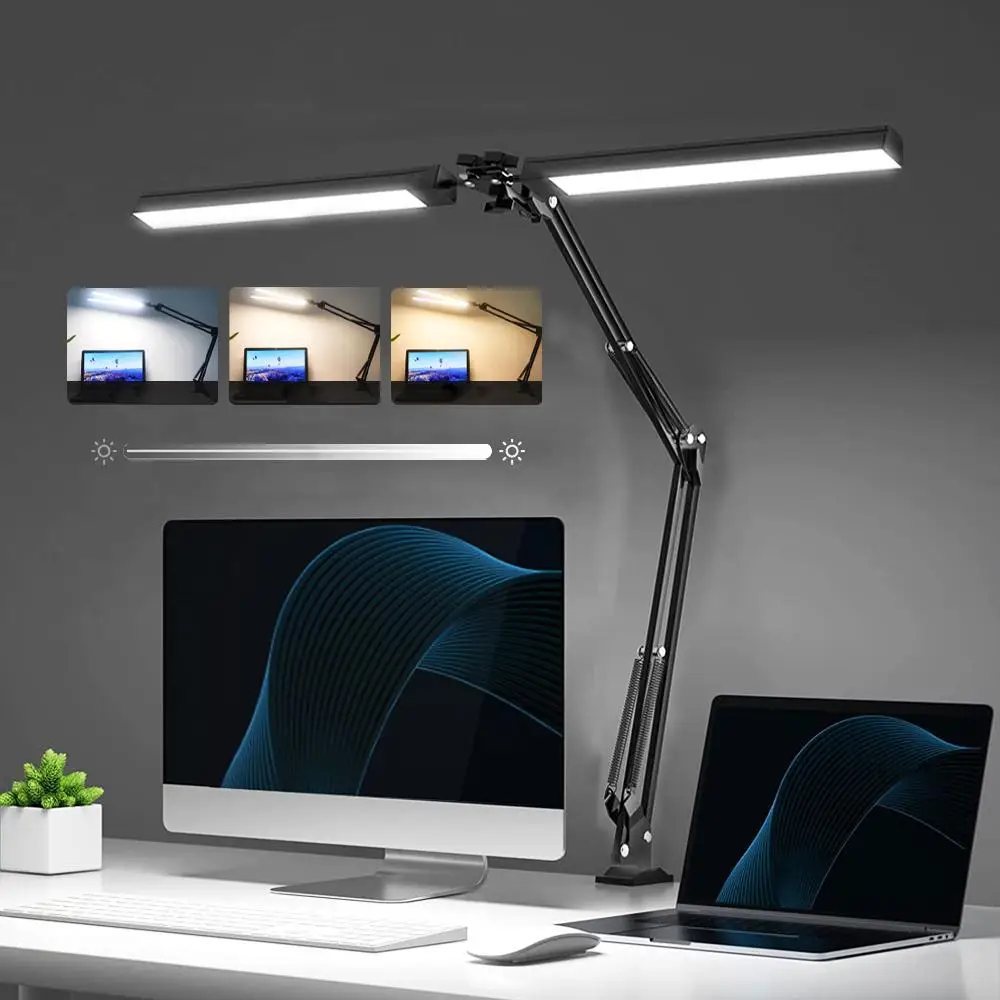 LED Table Lamp, Adjustable Eye Protection Table Lamp with Clip, Room Lights for Bedroom, Decorative Lamp, Swing Arm Lamp Including 3 Color Modes, Dimm