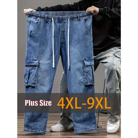Men's Plus-Size Laidback High-Stretch Denim Look Jeans - Elastic Waistband, Loose Fit, Plain Pockets, Baggy Work Look, Baggy Fit for Easy Movement, All-Season Casual Retro Bottoms