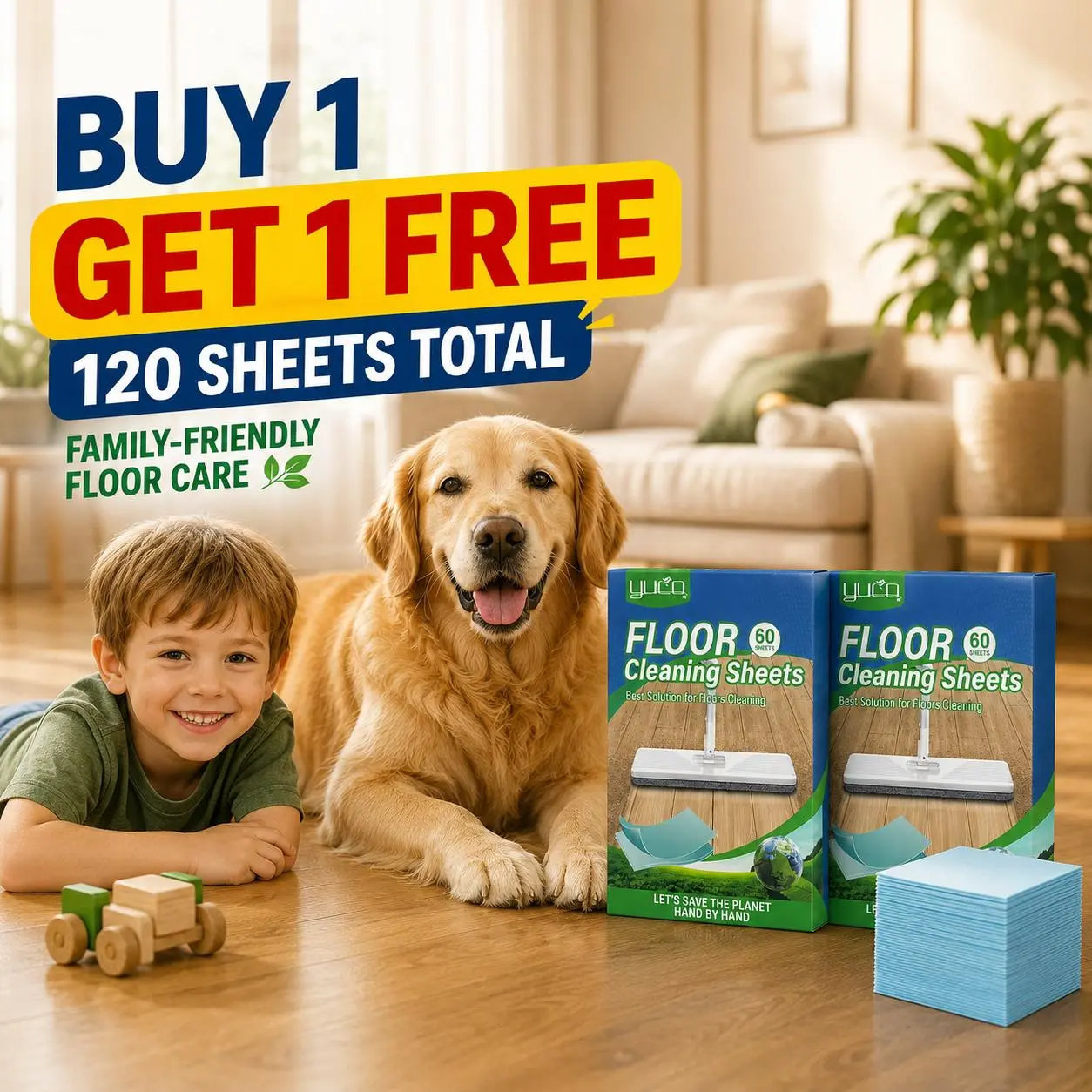 [Buy 1 Get 1 Free Product] Dissolvable Concentrated Floor Cleaner Sheets, 120 Count (2 Boxes, Up to 12-Month Supply), Antibacterial Multi-Use Cleaning Supplies for Tile, Laminate & Sealed Hard Floors