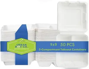 Urban Box Co. 9x9 3-Compartment Compostable Takeout Containers, Eco-Friendly Sugarcane Bagasse, Biodegradable Disposable To Go Boxes