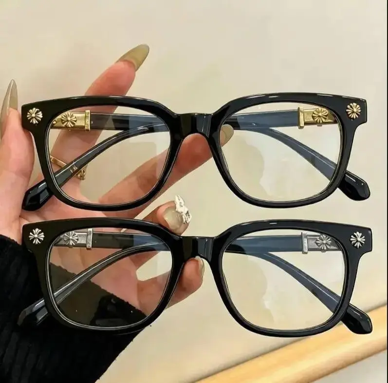 High-End Chrome Hearts Square Eyeglass Frames for Men & Women, Luxury Black Gold Cross Detail Optical Glasses, Premium Designer Style Unisex Frames with Leather Case