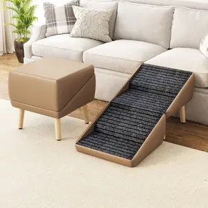 Dog Stairs for Small Dogs, 2-in-1 Pet Steps & Ottoman - Foldable Dog Stairs for Couch, Non-Slip Wooden Pet Stairs for Puppy Senior Injured Dogs ( Coffee Color )