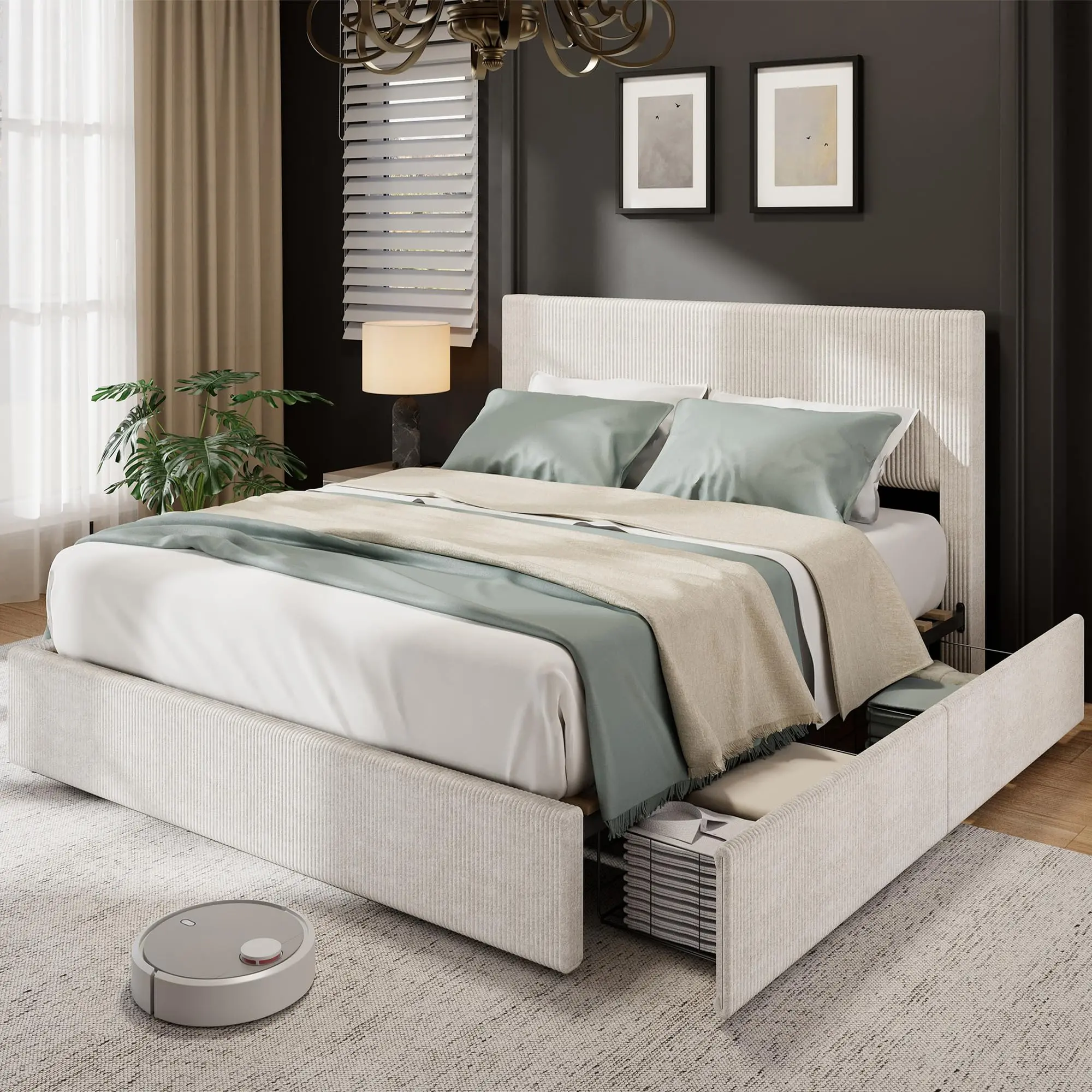 King/Queen Corduroy Bed Frame – Wingback Headboard, 4 Large Drawers, Wood Slats – No Box Spring – Beige or Brown