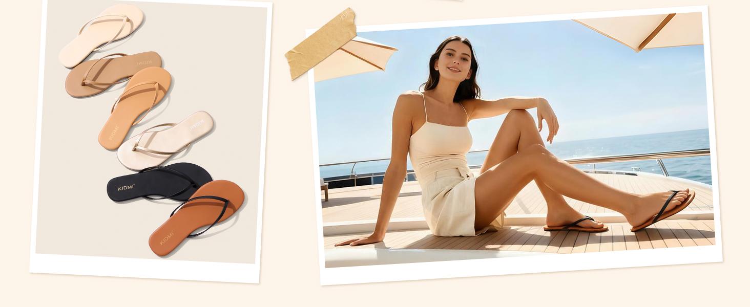 KIDMI Flip Flops for Women Summer Women's Memory Foam Comfortable Flat Thong Sandals Vegan Leather Flat Sandals Non-Slip Beach Essentials Flats for Women Sandals