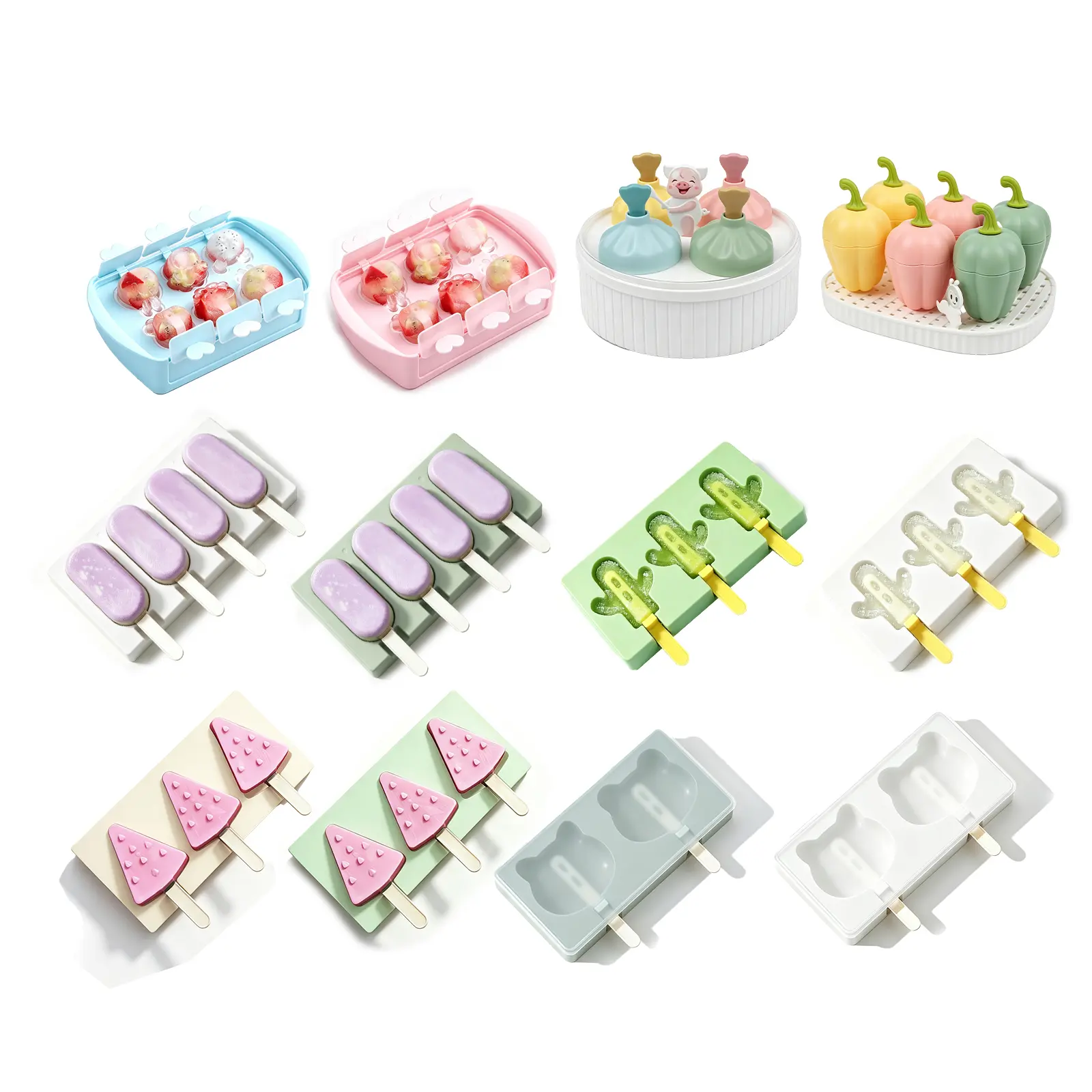 12Sets Cute Silicone Popsicle Molds, 6‑Grid Cartoon Fruit & Animal Shape Ice Pop Molds with Lid & Reusable Sticks, Easy Release Reusable Ice Cream Ice Lolly Maker Tray, DIY Homemade Summer Frozen Treats Home Kitchen Supplies