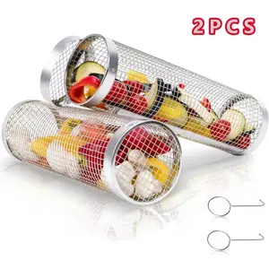 360° Rolling Grill Basket Set of 2 – Heavy Duty Rotating Cage for Camping & Tailgating