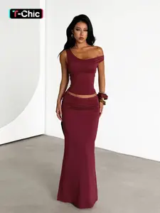 Women's Hooded Long Sleeve Top & Half Skirt Set, Casual Fashion, Womenswear, Comfortable Daily Wear, Stylish Women's Clothing, Everyday, Burgundy