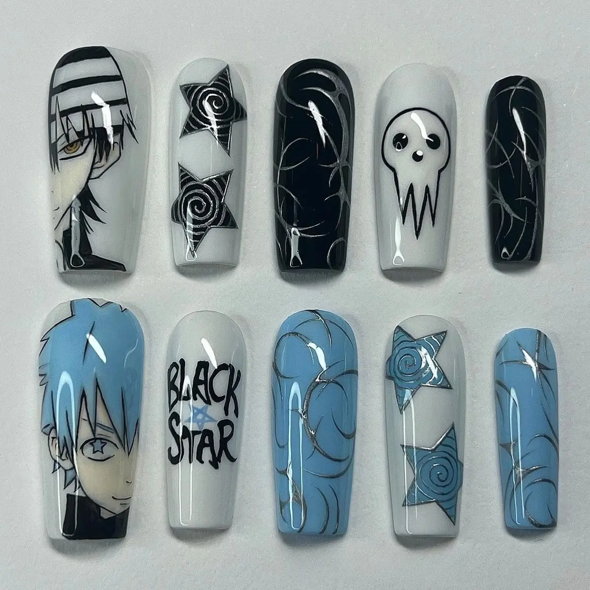 Soul Eater Inspired Press On Nails | Handmade Anime 3D Death the Kid & Black Star Nail Art | Reusable False Nails with Nail Kit | Free Adhesive Tabs Nail File & Cuticle Stick