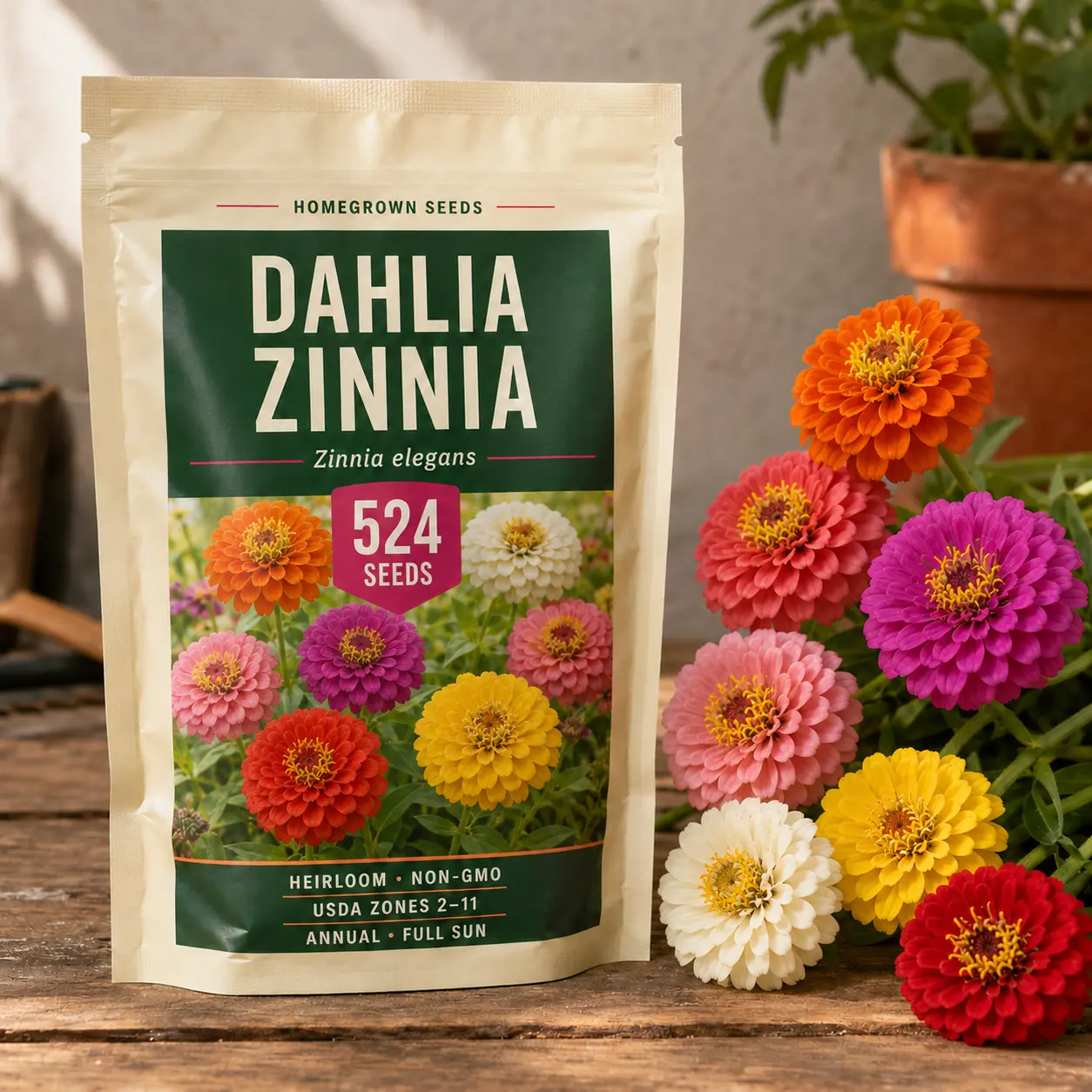524 Seeds Pack - 2026 Non-GMO Home Grown Zinnia Elegans & Dahlia Flower Seeds, Pollinator Safe for Garden Borders & Containers, Easy-to-Grow Outdoor Blooms