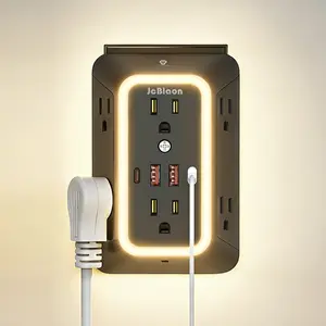 JcBlaon 6 Wide AC Surge Protector Outlets with 4 USB Ports (2 USB C) and Night Light, 1050J, 3-Sided Design Wall Outlet Extender USB Wall Charger Multifunctional Power Strip Power Socket Extender for Home Travel Office（Black）