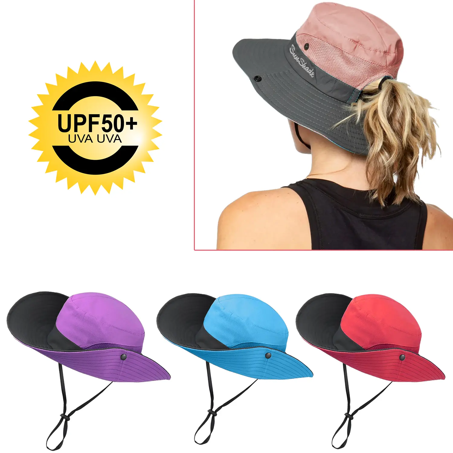Women's Ponytail Sun Hat, Outdoor Sports UV-Protection Breathable Mesh Wide Brim Hat, Foldable & Portable, with Ponytail Hole, Suitable for Beach, Fishing, Travel, Adjustable Sun Protective Cap ideal choice summer fisherman