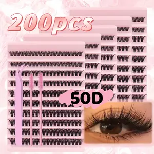 50D 200 Clusters Mega Value Eyelash Kit, Natural Fluffy DIY False Eyelashes Extensions, Precision Tweezer & 2 Lash Brushes, Lightweight & Reusable