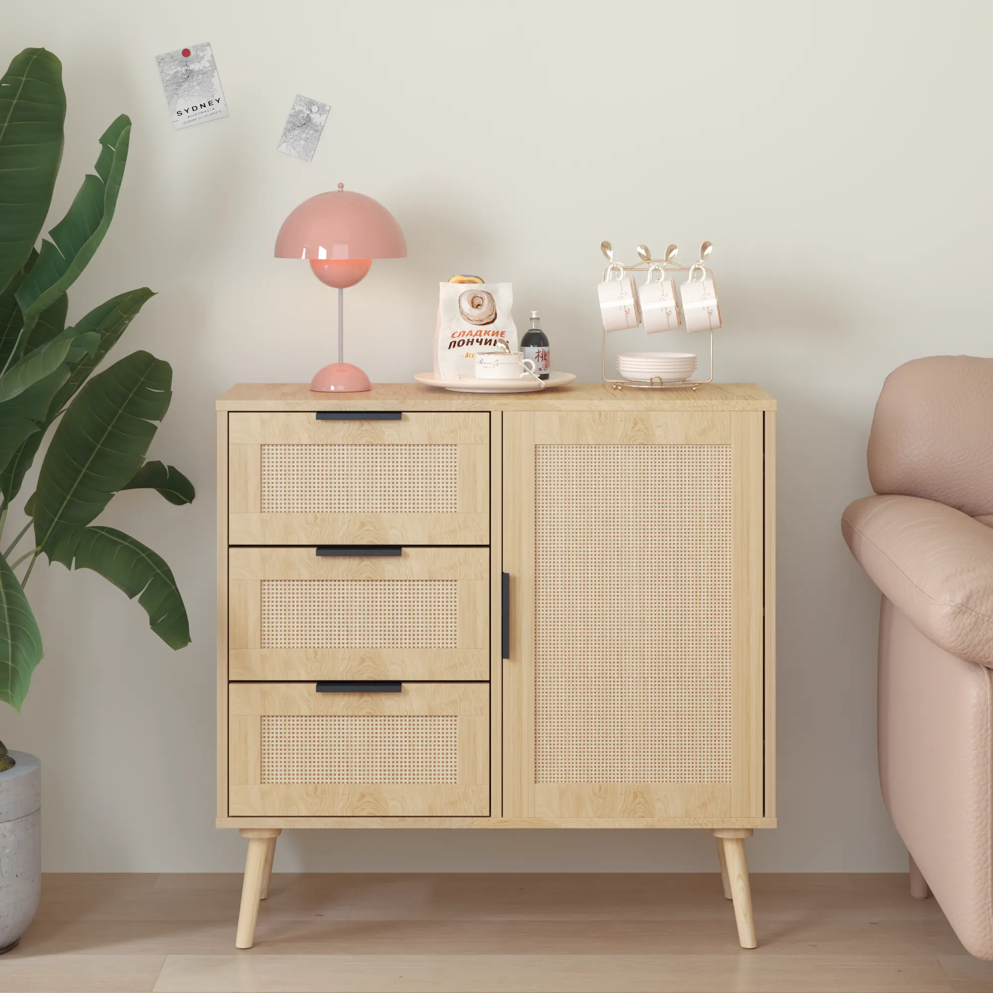Rattan Wood Storage Sideboard Cabinet - Space Saving Furniture, Multi-Functional Dresser with Hidden Shelf, 150lbs Capacity Sturdy Home Organizer for Small Space Decor