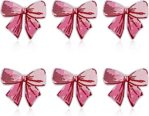6pcs Bow Patches, 2.68x2.28 Inch Bow Iron On Patches Pink Bow Sew On Applique, Chenille Bow Patches, Cute Embroidered Applique, Iron On Patches for Clothes Hats Bags Jeans DIY