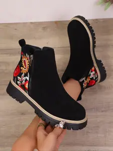 Women's Embroidered Short Boots, Thick Sole High Heels, Autumn Winter Floral Design, Side Zipper, Ethnic Fashion Style, Floral Embroidery, Western Ankle Boots