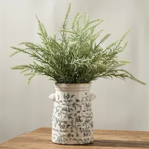 Ceramic Gray and White Vase with 2-Ear, 8 Inch Ice Cracked Vintage Pastoral Vase, Rustic Farmhouse Vases for Home Decor, Table, Living Room, Shelf Decor, Chinoiserie Decor, Gray Floral Pattern