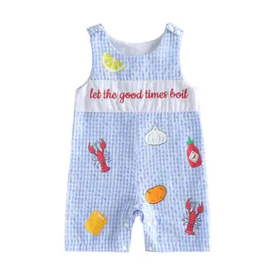 Baby Boy Crawfish Romper Jumpsuit Sleeveless Gingham Overalls Shorts Let the Good Times Boil Lobster Print Onesie Bodysuit Summer Outfit