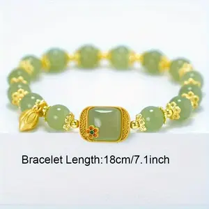 Elegant Green Faux Jade Bead Bracelet with Gold Lotus Charm – Sophisticated Ethnic Style, Ideal Holiday or Everyday Wear Gift for Women, Chinese Bracelet