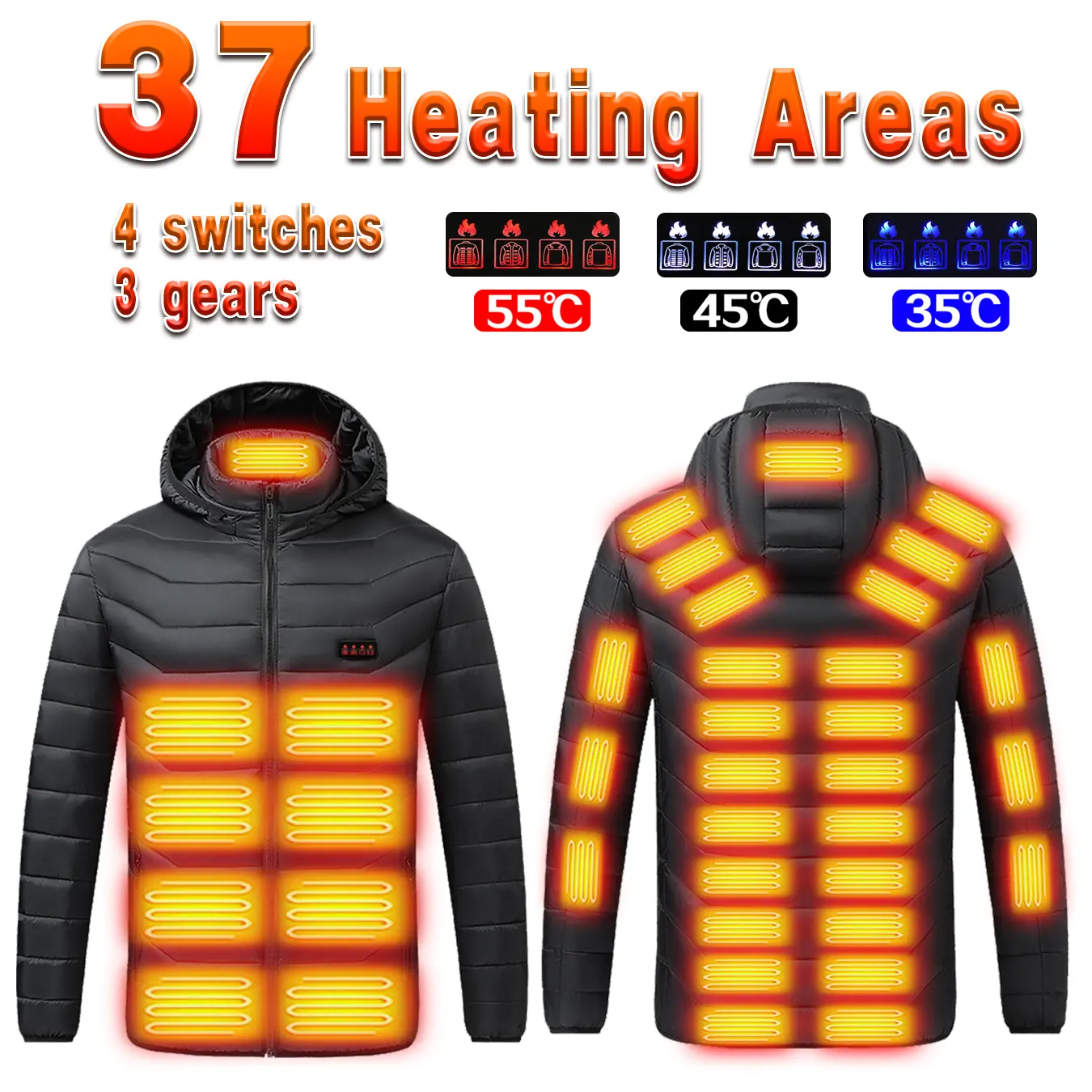 37 Heating Areas Heated Jacket for Men Women, 4 Independent Heating Zones with 3 Temperature Settings 35°C/45°C/55°C, Full Body Electric Heated Coat for Winter Outdoor Work, Hunting, Fishing, Hiking, Camping.