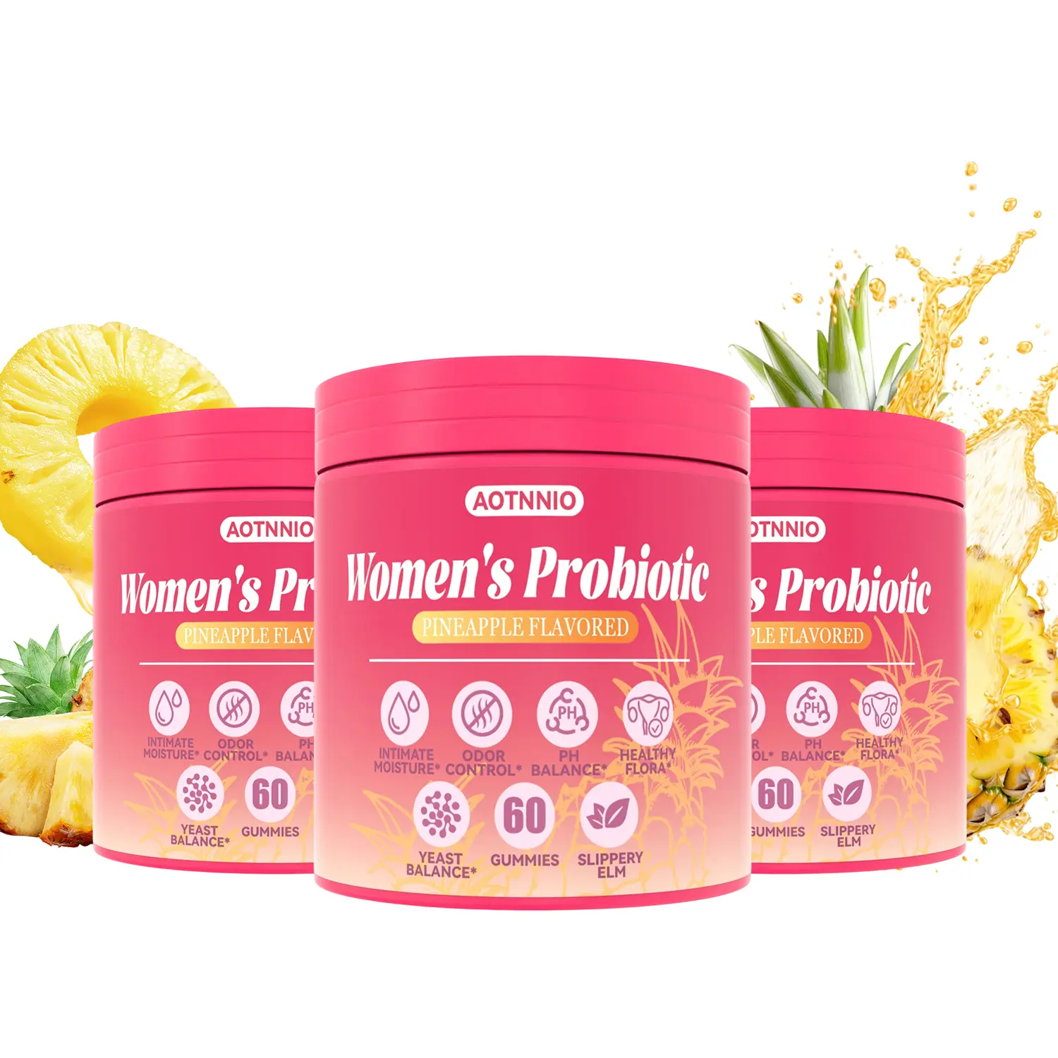Pineapple Flavor Feminine Probiotic Gummies | With Slippery Elm Prebiotic & Lactobacillus for pH Balance, Dryness | 60 Count Summervibes
