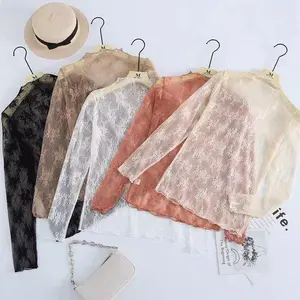 Women 5Colors Mesh Shirts Transparent Lace Blouse Long Sleeve See Through Tops For Women O Neck Sheer Tees Body Crop Top