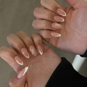 24pcs Long Almond Nails, Nude Transparent Base, French Tip, 3D Flower & Accents, Easy Wear, Perfect for Daily Use & Special Occasions, Clear Nail Tips