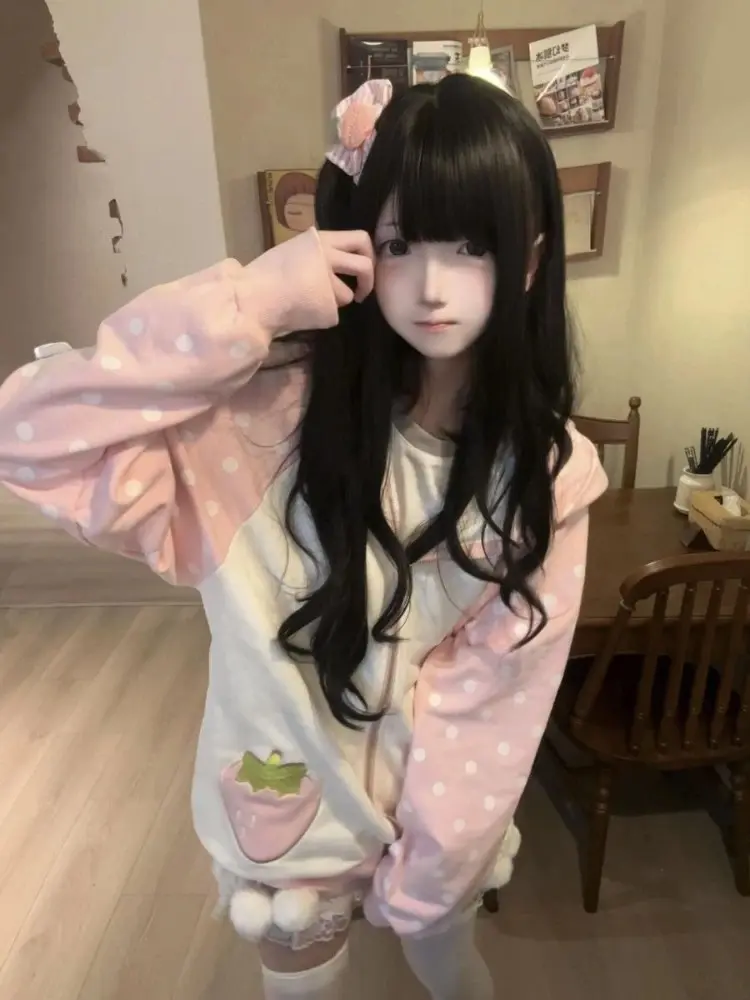 Japanese Kawaii Rabbit Ears Hoodies Tops Women Design Loose Dot Lace Patchwork Cute Coat Harajuku Chic Sweet Lovely ​Sweatshirts
