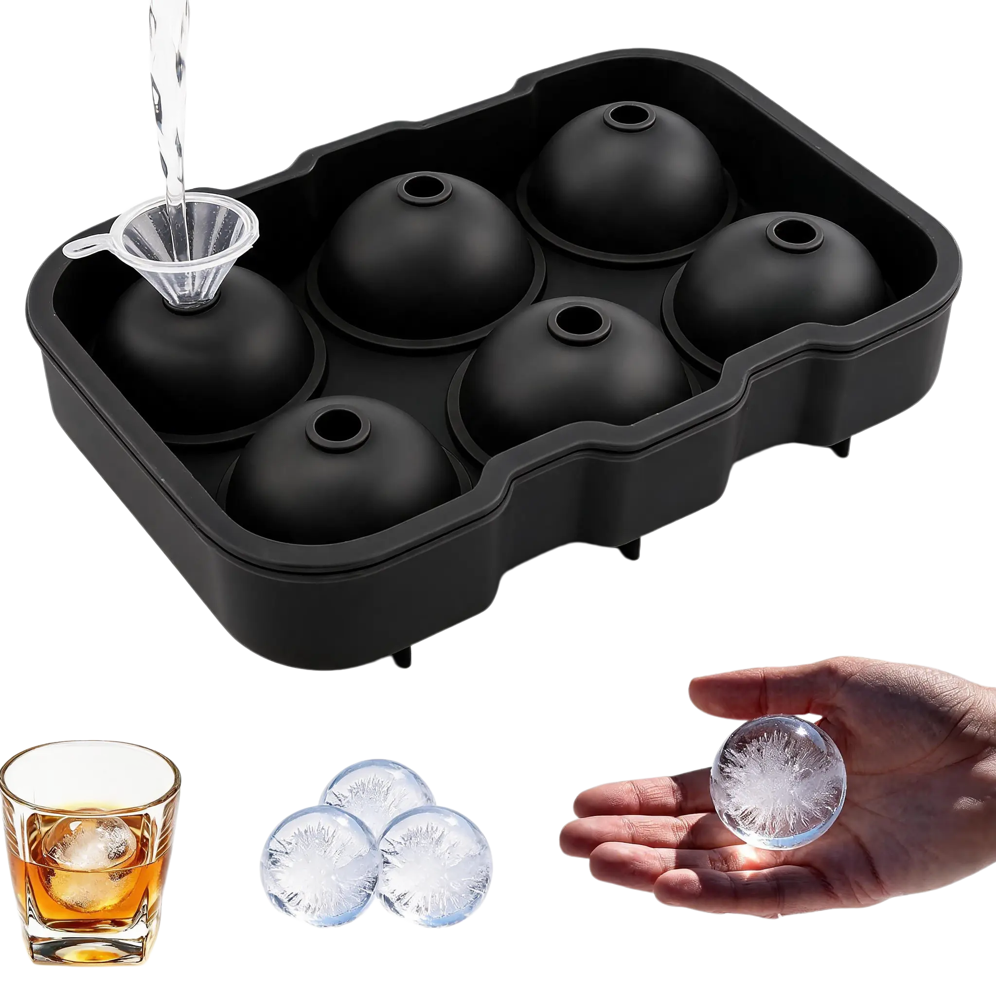 6-Sphere Leakproof Silicone Ice Cube Maker Set with Funnel, Quick-Release Large Ice Balls, Bar Utensils for Cocktails, Bourbon