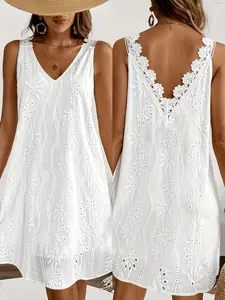 Sleeveless V-Neck Lace Dress for Women, Perfect for Summer Casual Wear, Contrasting Lace Embellishments, Lightweight Fabric, Ideal for Beach & Garden Vacations