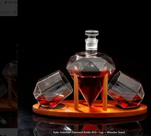 Set, Imitation Diamond Whisky Decanter With Whisky Glasses And Wooden Holder, Rhombus Wine Decanter And 2pcs Stemless Wine Cups, High Borosilicate Wine Accessories, Glassware, Drinkware, Birthday Gifts For Men